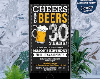 Cheers and Beers Birthday Invitation: Surprise Party, Any Age (Editable Canva Template)