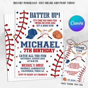 Invito di compleanno di baseball, Invito a una festa di baseball, Invito a tema sportivo, Gioco di palla Slugger, Download istantaneo, Modificabile in Canva