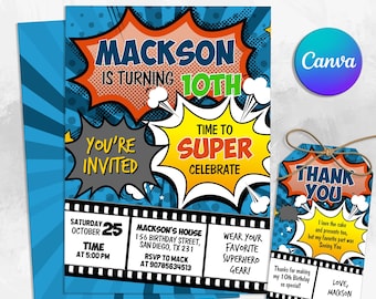 Invitación de cumpleaños de cómic de superhéroe, invitación de superhéroe, invitación de fiesta de cumpleaños de superhéroe, editable en Canva