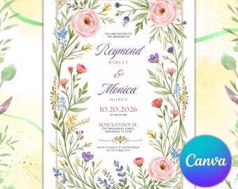 Invito di nozze floreale elegante, invito di nozze floreale boho, invito di nozze con fiori di campo, modello Canva modificabile