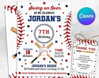 May include: Baseball-themed birthday party invitation with red, white, and blue stars and a baseball graphic. The invitation says "Swing on Over as we celebrate Jordan's 7th Birthday". The invitation also includes the date, time, and address of the party. A free thank you tag is included with the text "Thank You. I love the cake and presents too, but my favorite part was seeing you. Thanks for making my 7th birthday so special! Love, Jordan."
