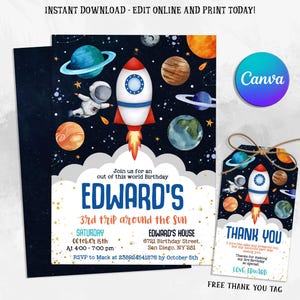 Invito di compleanno modificabile sullo spazio, invito per astronauti con razzo e pianeti, download digitale, modifica Canva, download immediato, invito per bambini sullo spazio