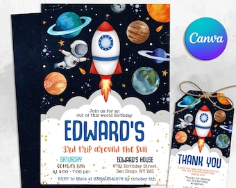 May include: A blue and gold space-themed birthday invitation with a rocket ship, planets, and stars. The invitation is for Edward's 3rd birthday and says "Join us for an out of this world birthday". It includes the date, time, and location of the party. A free thank you tag is included with the text "Thank you. I love the gifts and presents too, but my favorite part was seeing you. Thanks for making my 3rd birthday so special. Love, Edward."