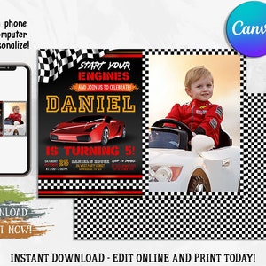 Race Car Birthday Invitation, Race Car Invitation, Race Car Party Invite, Race Car Birthday Photo Invitation, Digital Canva