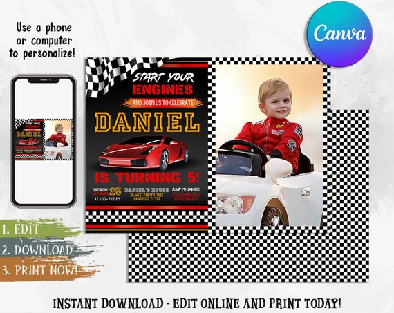 Race Car Birthday Invitation, Race Car Invitation, Race Car Party Invite, Race Car Birthday Photo Invitation, Digital Canva