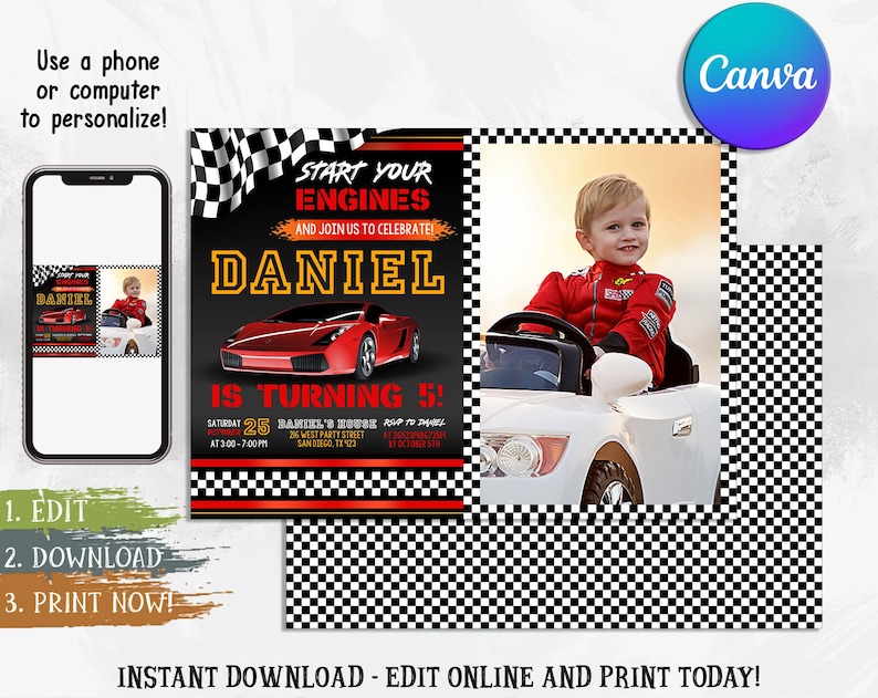 May include: A black and red race car themed birthday invitation with a checkered flag background. The invitation says "Start Your Engines and Join Us to Celebrate Daniel is Turning 5!" with a red sports car graphic. A photo of a child in a red racing suit is in the upper right corner.