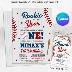 Baseball First Birthday Invitation, Rookie Of The Year Invite, Baseball Birthday Party, Birthday Invite, Digital Editable Printable