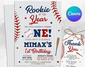 Baseball First Birthday Invitation, Rookie Of The Year Invite, Baseball Birthday Party, Birthday Invite, Digital Editable Printable
