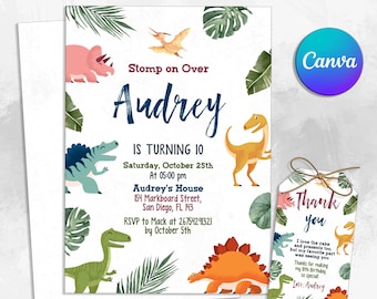 May include: A printable dinosaur-themed birthday invitation for a child turning 10. The invitation features a green, blue, and orange dinosaur with a leafy background. The text on the invitation reads "Stomp on Over Audrey is turning 10. Saturday, October 25th at 05:00 pm Audrey's House 154 Markboard Street, San Diego, FL 143 RSVP to Mack at 26754291321 by October 5th". A matching thank you tag is also included.