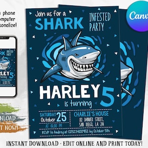 Editable Shark Birthday Invitation, Shark Invites, Shark Party Invitation, Shark Pool Party, Birthday Bash, Boy or Girl , Digital Canva