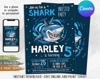 Editable Shark Birthday Invitation, Shark Invites, Shark Party Invitation, Shark Pool Party, Birthday Bash, Boy or Girl , Digital Canva