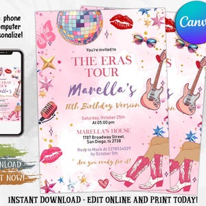 Eras Tour Birthday Invitation, Surprise Music Invite, Girl Party Birthday Invite,  Eras Party Invitation Template, Digital Editable Canva