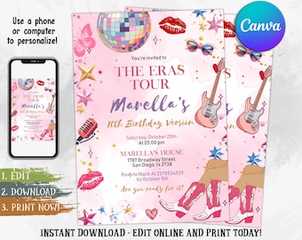 Eras Tour Birthday Invitation, Surprise Music Invite, Girl Party Birthday Invite,  Eras Party Invitation Template, Digital Editable Canva
