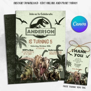 Invitación de cumpleaños imprimible de dinosaurio, invitación de cumpleaños de dinosaurio, invitación al parque, invitación mundial, invitación a la fiesta del T-Rex, descarga instantánea