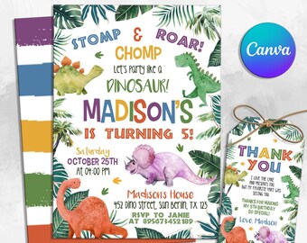 May include: A printable dinosaur-themed birthday invitation with a watercolour design. The invitation features a green, orange, and purple dinosaur with the text "Stomp & Roar! Chomp Let's Party like a Dinosaur! Madison's is turning 5!"  The invitation also includes a thank you tag with a dinosaur design and the text "Thank You I love the cake and presents too but my favourite part was seeing you Thanks for making my 5th birthday so special! Love, Madison".