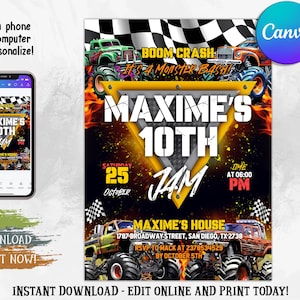 Monster Truck Birthday Invitation, Monster Jam Birthday Invite, Boy Truck Theme Party, Monster Truck Invitation, Editable Canva Template