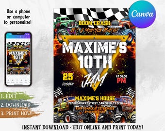 Monster Truck Birthday Invitation: Editable Canva Template (5x7 in Digital Download