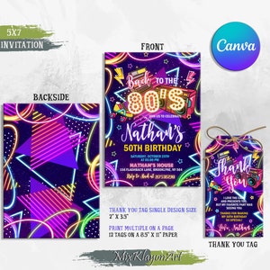Editable 80s Birthday Party Invitation, Back To The 80s, Throwback Party, Neon Party, Glow Dance, 2000s Birthday, All text is Editable, 80s Birthday Party,80s Party,80s Invitation,80s Party Invitation,80s Birthday,Y2k Invitation,Neon Party,80s Invite,Glow Party,Disco Party,Retro Invitation,90S Birthday,80s Dance Party, Thnak you tag