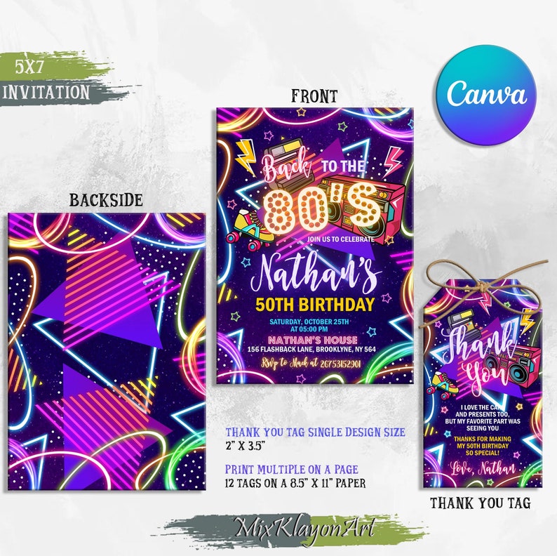 Editable 80s Birthday Party Invitation, Back To The 80s, Throwback Party, Neon Party, Glow Dance, 2000s Birthday, All text is Editable, 80s Birthday Party,80s Party,80s Invitation,80s Party Invitation,80s Birthday,Y2k Invitation,Neon Party,80s Invite,Glow Party,Disco Party,Retro Invitation,90S Birthday,80s Dance Party, Thnak you tag