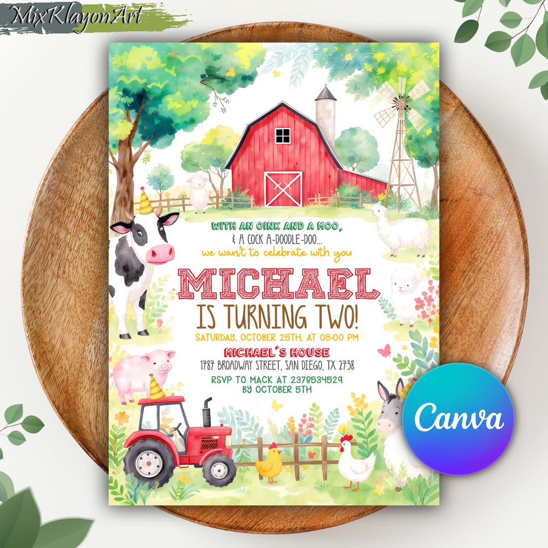 Farm Birthday Invitation, Farm Animals Boy Barnyard Birthday Party ...