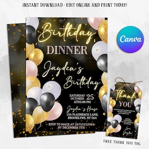 Digital Birthday Dinner Invitation, Digital Birthday Party Invite, Birthday Dinner, Birthday Party, Editable Canva Template