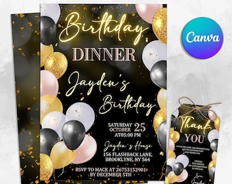 Convite digital para jantar de aniversário, convite digital para festa de aniversário, jantar de aniversário, festa de aniversário, modelo editável Canva