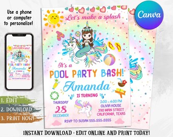 Pode incluir: Um convite imprimível colorido para uma festa na piscina. O convite apresenta uma sereia montando um unicórnio, uma bola de praia e um coco. O texto no convite diz "It's a Pool Party Bash! Amanda is turning 28. Thursday, December 28. 2:00-4:00 PM. Olivia House, 390 Main Street, California, Texas. RSVP to Susan 555-555-5555."