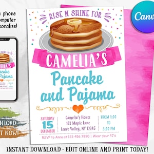 Editable Pancakes and Pajamas Invittaion, Pancakes and Pajamas Party Birthday Invitation, Pancake Party Invite, Pajama Party, Digital Canva