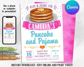 Bearbeitbare Pfannkuchen und Pyjamas Einladung, Pfannkuchen und Pyjamas Party Geburtstagseinladung, Pfannkuchen Party einladen, Pyjama Party, digitale Leinwand