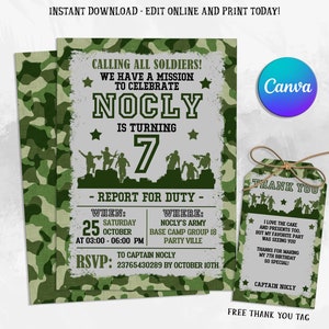 Army Invitation, Army Birthday Party Invitation, Military Theme Invite, Soldier Birthday Invitation, Editable with Canva