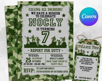 Army Invitation, Army Birthday Party Invitation, Military Theme Invite, Soldier Birthday Invitation, Editable with Canva