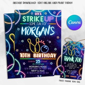 Editable Bowling Birthday Invitation, Glow Bowling Invitation, Bowling Invitation, Glow Invitation, Strike Up Some Fun, Instant Download