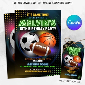 Bearbeitbare Sporteinladung, Neonsporteinladungen, Sportflyer, Sportthema einladen, Glow ALL STAR SPORTS-Einladungsvorlage Sofort-Download