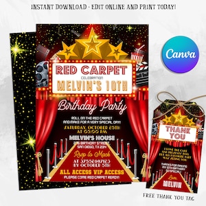 Editable Red Carpet Invitation, Red Carpet Birthday Party Invitation, Glamorous Hollywood Theme, Star Vip Pass Birthday Party Invite