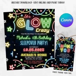 Glow Party Birthday Invitation editable digital template, blacklight party, glow in the dark, teen party, neon bday invite
