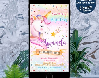 May include: A digital invitation for a child's birthday party featuring a unicorn with a rainbow mane and tail. The invitation is decorated with stars and a shooting star. The text on the invitation reads "Join us for a Magical Day Amanda is turning three. Saturday, February 25th at 4:00-7:00 pm Micrabeth's House 143 Garden Street, San Francisco, NY 134 RSVP to Audrey at 17642078452".