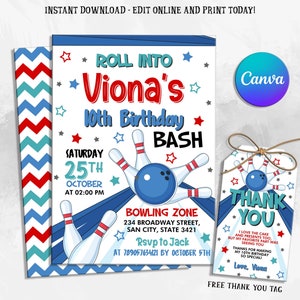 Invitación de cumpleaños de bolos, invitación a fiesta de bolos, invitación a celebración de cumpleaños, editable en Canva