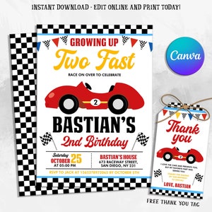 Editable TWO Fast Birthday Invitation, Race Car 2nd Birthday Invite, Racing Car Vintage, Racecar Printable Template, Instant Download