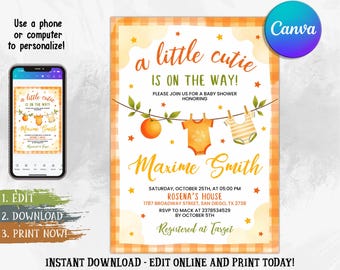 Inbjudan till babyshowern "A Little Cutie", könsneutralt orange tema, bondens marknad, utskrivbar inbjudan, redigerbar Canvas-mall