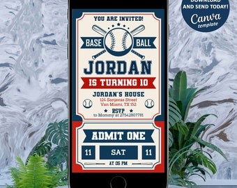 Op de afbeelding: Een digitale uitnodiging voor een honkbal-thema verjaardagsfeestje voor een kind genaamd Jordan die 10 jaar wordt. De uitnodiging bevat een honkbal en gekruiste knuppels met de tekst "U bent uitgenodigd!" en "Base Ball". De uitnodiging bevat ook de naam van het kind, zijn leeftijd en de feestdetails, inclusief het adres, de RSVP-informatie en de datum en tijd van het feest.
