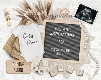 May include: A pregnancy announcement with a white onesie that says "Baby Greece" and a letter board that says "We are expecting! December 2023".
