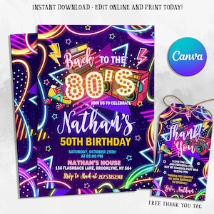 Editable 80s Birthday Party Invitation, Back To The 80s, Throwback Party, Neon Party, Glow Dance, 2000s Birthday, All text is editable