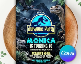 Editable Dinosaur Birthday Invitation, T-Rex Party Invite, Dinosaur World Invitation, Jurassic Birthday Party, Canva Template