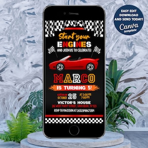 Eletronic Race Car Invitation, Race Car Birthday Party Invitation, Race Car Evite, Racing Car Phone Invitation, Editable with Canva