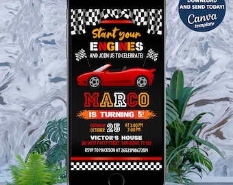 Eletronic Race Car Invitation, Race Car Birthday Party Invitation, Race Car Evite, Racing Car Phone Invitation, Editable with Canva