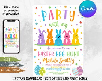 Easter Egg Hunt Invitation: Bunny Party, Editable Canva Template (5x7 in Digital Download)