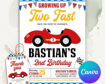 Twee snelle verjaardagsuitnodiging, racewagen 2e verjaardagsuitnodiging, opgroeien twee snel feestthema, vintage raceauto uitnodigen, bewerkbare Canva