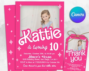 Hot Pink Doll Birthday Invitation: Editable Canva Template (Digital Download)