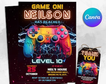 Gamer Birthday Party Invitation, Video Game Birthday Invitation, Neon Game Level Up Birthday Party, Glow Game Party Invite, Editable Canva