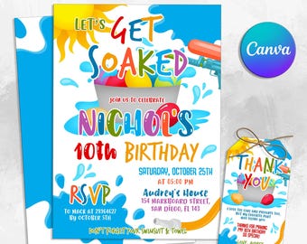 May include: A printable invitation for a 10th birthday party with a water gun theme. The invitation features a cartoon illustration of a bucket of water balloons and a water gun. The text on the invitation reads "Let's Get Soaked" and "Join us to celebrate Nichol's 10th Birthday". The invitation also includes the date, time, and location of the party. A free thank you tag is included with the invitation.